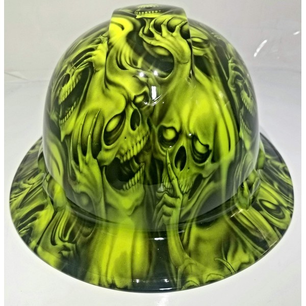 Wet Works Imaging Customized Pyramex Full Brim HI VIS Green See NO Evil Skulls Hat with Ratcheting Suspension
