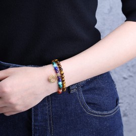 coai Double Layer 7 Chakra Healing Stone Tiger Eye Bracelet for Women