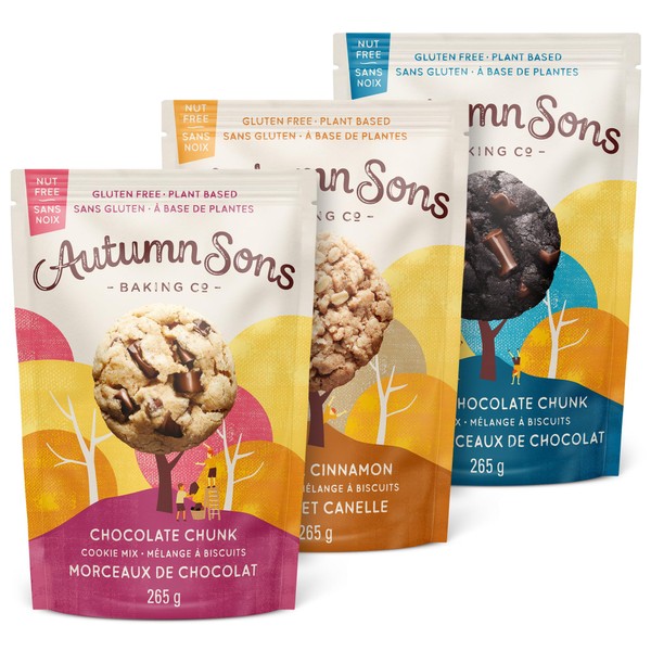 Autumn Sons Baking Co. Gluten Free Cookie Mix Variety Pack. Chocolate Chunk, Double Chocolate Chunk & Oatmeal Cinnamon. Vegan Plant Based Baking Mix. Free From 11 Common Allergens. 265g (Pack of 3)