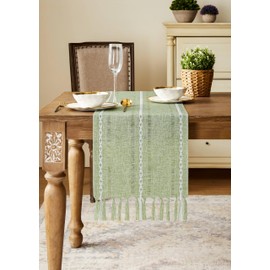 YZJZEDS Hemstitched Farmhouse Table Runner, Sage Green 13x72 Inch, Cotton Linen Table Runners 72 Inches Long, Embroidered Striped Sage Green Boho Table Runner Rustic Home Decor