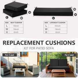 Leinuosen 3 Pcs Outdoor Chair Cushions Set 44 x 19 Inch Loveseat Tufted Waterproof Patio Furniture Love Seat Pad Cushion for Square Settee Indoor Sofa Wicker Couch Bench(Black)