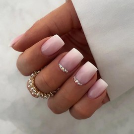 Qsnidy Press on Nails Square - Ombre Pink Rhinestone Fake Nails Medium Acrylic Glossy Full Cover Stick On Nails for Women and Girls Daily Wear, Natural Fit Glue on Nails in 12 Sizes - 24 Nails Kit