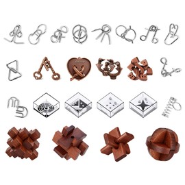 TAHAVICE 24 PCS Brain Teaser Puzzles Set, Wooden & Metal 3D Unlock Interlock Game, Kongming Luban Lock Wire Disentanglement IQ Puzzle, Logic Challenge Educational Gift for Adults Teens Kids