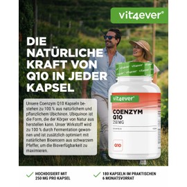 Coenzym Q10 extra hochdosiert mit 250 mg je Kapsel - 180 Kapseln - 6 Monate Vorrat - Premium: Q10 aus pflanzlicher Fermentation + Piperin - 100% Ubichinon - Vegan