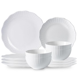 KilomSumat Porcelain Dinnerware Sets for 4, 12 Piece Plates and Bowls Set, Scratch-Resistant, Microwave & Dishwasher Safe Dishes, Kitchen and Dining Dishware
