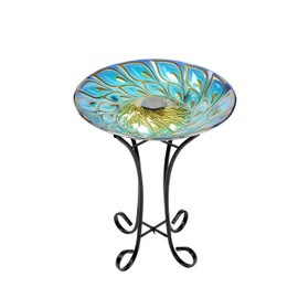Hi-Line Gift 78415-E Solar Glass Peacock Feathers Bird Bath with Stand