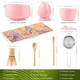 HELPLX Matcha Whisk Set 10-Piece Japanese Matcha Kit with BowlWhisk & Holder2 Tea CupsBamboo ScoopSpoonSifterScoop Rest & Tea Towel – Pink Matcha Tea Set for Ceremony or Daily Use