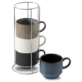 Tikooere Ceramic Coffee Mugs with Stand,15 Ounce Stackable Coffee Cups Set of 4 for Latte,Cappuccino,Mocha,Cocoa,Ribbed Vintage Coffee Cups for Men Women,Dishwasher & Microwave Safe,Striped Multicolor