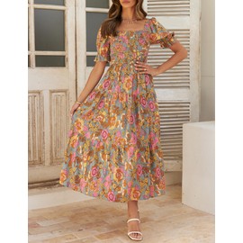 ZESICA Women's 2025 Summer Boho Floral Print Square Neck Ruffle Swing Beach Long Maxi Dress,GreyGreen,X-Large