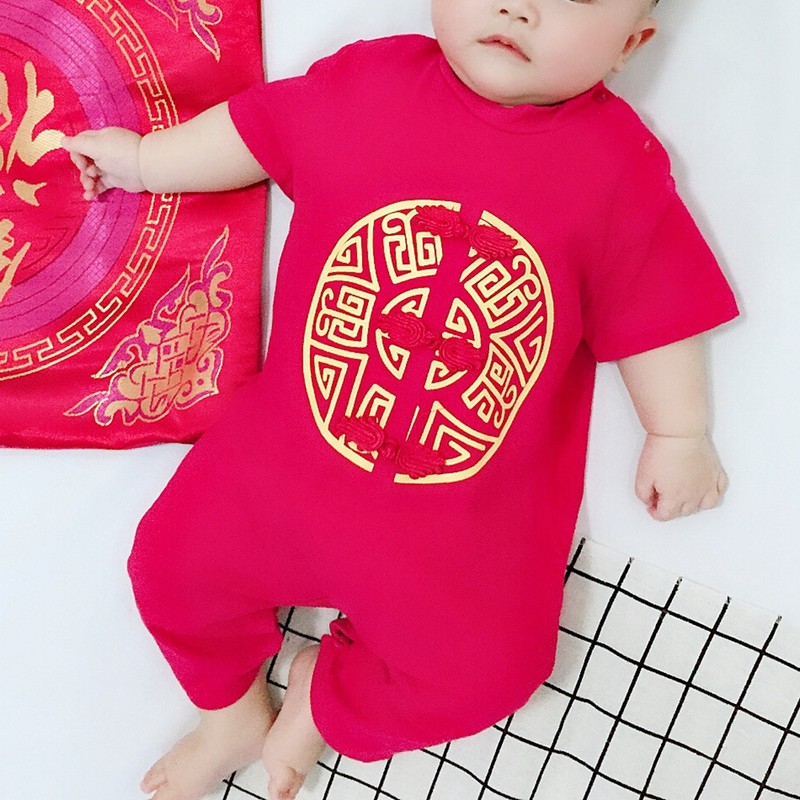 Chinese Style Infant Short Sleeve Embroidery Jumpsuit Cotton Breathable Baby