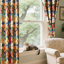 Luvyohmee Tropical Floral Blackout Curtains 84 Inches Long Light Blocking for Bedroom Thermal Insulation, Yellow Orange Flower Patterned Drapes Colorful with Tiebacks Grommet 52Wx84L 2 Panels