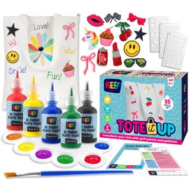 KEFF Decorate Your Own Tote Bag Kit - Crafts for Kids Ages 8-12 with Tote Bag, 12 Embroidered Patches, 5 Colors Fabric Paint (Puff Paint), Paint Brush, Palette, 3-Style Letter Stencils & Instructions