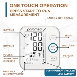 Paramed Blood Pressure Monitor - Bp Machine - Automatic Upper Arm Blood Pressure Cuff 8.7-16.5 inches - Large LCD Display 120 Sets Memory - Device Bag & Batteries Included