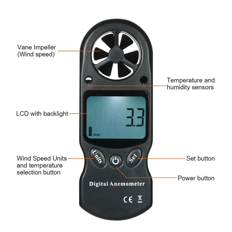 8 in 1 Handheld Digital Anemometer Wind Speed/Temperature/Humidity/Wind Chill/Heat Index/Dew