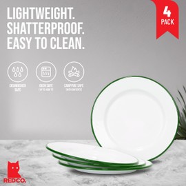Red Co. Set of 4 Enamelware Metal Classic 10" Round Dinner Plate, Solid White/Dark Green Rim
