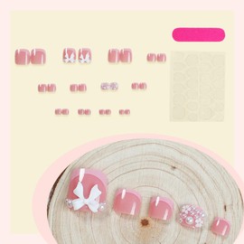 24PCS Pink French Tip Press on Toenails 3D Bow Charms Pearl Fake Toenails Nude Pink Acrylic Full Cover Toenail Press ons Glossy Toe Nail Tips Seamless Fit Glue on Nails False Toe Nails Kits for Women
