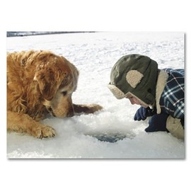 Northern Exposure Golden Retriever Dog & Boy at Ice Fishing Hole (12) Christmas Cards