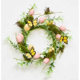 4.25" Easter Eggs, Butterflies and Moss Pillar Candle Ring Centerpiece, Set of 2