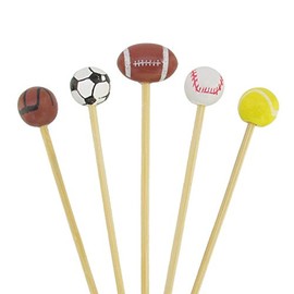 BambooMN 4.7" Decorative Sports Ball End Bamboo Cocktail Fruit Sandwich Picks Skewers for Catered Events, Holiday's, Restaurants or Buffets Party Supplies, Assorted, 1,000 pcs