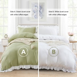 3 Pieces Green White Ruffle Frills Design Bedding Sets for All Seasons Double Soft Microfiber Duvet Cover with Zipper Closure 200 x 200 cm
