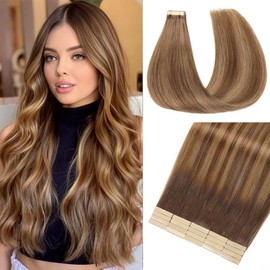 Tape in Hair Extensions Real Human Hair 20 Inch Chocolate Brown Mixed Honey Blonde Invisible Tape in Hair Extensions 20pcs Seamless Tape Hair Extensions Human Hair Skin Weft(4/4/27#, 20 Inch)