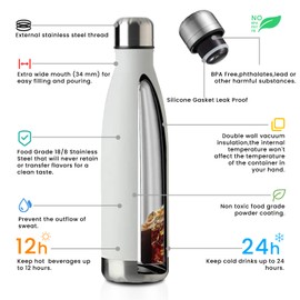 MEWAY 17oz Sport Water Bottle 12 Pack Vacuum Insulated Stainless Steel Sport Water Bottle Leak-Proof Double Wall Cola Shape Water Bottle,Keep Drinks Hot & Cold (White,12 Pack)
