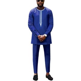 HD Africa - Ropa para hombre con bordado para caballeros, camisa y pantalones Dashiki, Azul-87, XXXX-Large