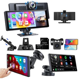 10.26" Touchscreen Wireless IOS CarPlay Android Auto Portable Screen Car Van Stereo 4K Front Rear Camera Dashcam Audio Receiver GPS Bluetooth FM AUX Voice Control 64GB (10.26" with Dual Cameras)