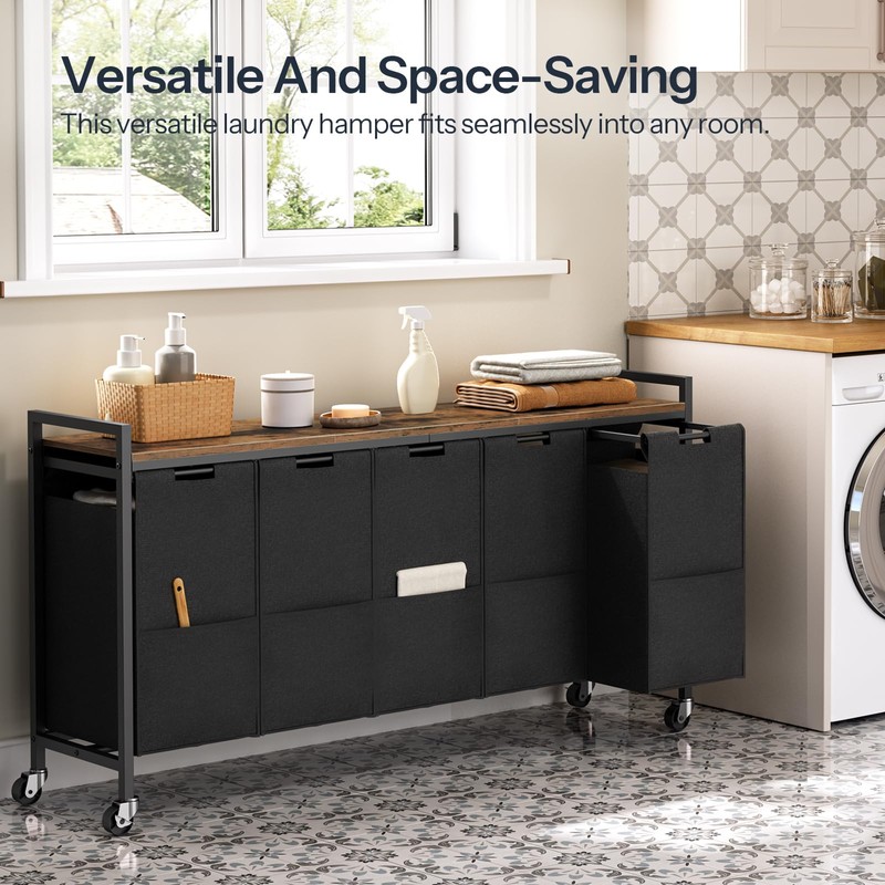HOOBRO Laundry Sorter 5 Sections, Laundry Hamper with Wheels, 5