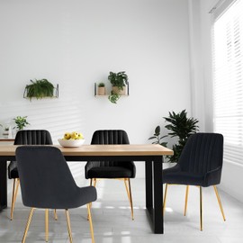 ANOUR Velvet Dining Chairs Set of 2, Modern Dining Room Chairs with Gold Metal Legs, Upholstered Kitchen Armless Chairs,Comfy Vanity Chairs for Living Room -Black