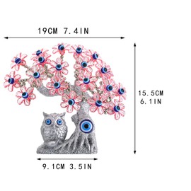 HDCRYSTALGIFTS 7.5'' Turkish Blue Evil Eye Artificial Tree Figurine Feng Shui Owl Decorative Showpiece for Protection, Good Luck & Prosperity (Pink Flowers)
