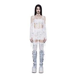 Dolls Kill Call My Mummy Costume Set by Trickz N' Treatz – Mummy Crop Top, Mini Skirt, Arm Warmers, and Stockings – White, Small