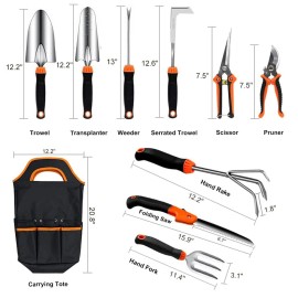 QINGFANGLI Garden Tool Set,10 PCS Stainless Steel Heavy Duty Gardening Tool Set with Sof...