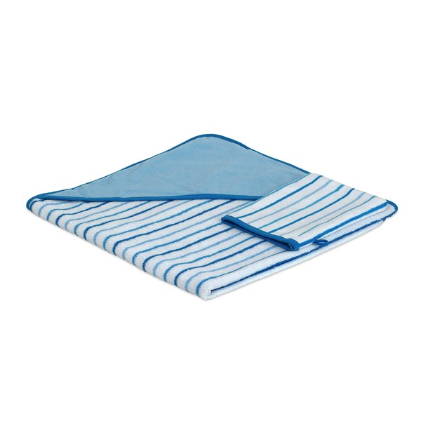 TowelSelections Turkish Cotton Hooded Terry Velour Baby Bath Towel and Glove Set Blue Striped