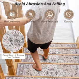 15 PCS Stair Treads Non Slip Peel and Stick Carpet Stair Treads for Wooden Steps Indoor 8x30 inch Self Adhesive Stair Runner Rugs for Dogs, Kids and Elders, Stairway Grip Step Treads Carpet Beige