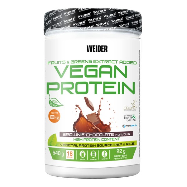 Weider Vegan Protein (540g) Brownie-Chocolate Flavour. Quality Protein 100% Plant-Based 21g/Serving, Pea Isolate (Pisane) & Rice. with Vitamin B12 & Stevia. Gluten Free, No Sugar. (18 Servings)