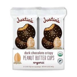 Justins's Organic Crispy Dark Chocolate Peanut Butter Cups, Rainforest Alliance Certified Cocoa, Gluten-free, Responsibly Sourced, 12 Pack (2 cups each)