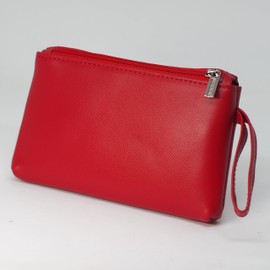 BAWAKO Genuine Leather Wallet with Two Zip Compartments for Men and Women, Purse Coin Card Key, red, Classic