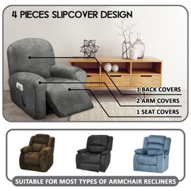 ULTICOR 4-Piece, 1 Seat Recliner Cover, Velvet Stretch Reclining Chair Covers for 1 Cushion Reclining Sofa, Single Seat Recliner Couch Cover, Thick, Very Soft, Machine Washable (Dark Grey)