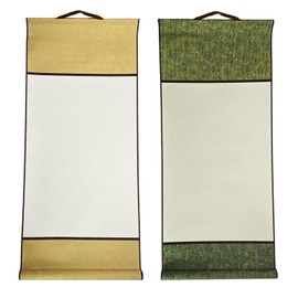 Lunari Wall Scroll, Set of 2, Plain, White Background with String, Half Paper, Calligraphy, Exhibitions, White Removal, Scrolls, Floral Pattern, Japanese Painting, Ink Painting, Cream and Green (Cream/Green)