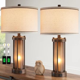 Set of 2 Farmhouse Table Lamps for Living Room with 2 USB Charging Ports, Vintage Rustic Nightstand Lamps with Amber Glass Nightlight, Retro Desk Lamps for Bedroom Entryway, 4 Bulbs Included (Brown)