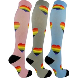 3 Pair Large/X-Large Premium Quality Colorful Moderate Graduated Compression Socks 15-20 mmHg. Nurses, Running, Travel, Knee-High, Mens and Womens Style & Rainbow Hearts Designs