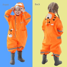 Baogaier Puddle Suit Boys Girls Waterproof Rainsuit Hooded All in One Lightweight Easy Dry School Outdoor Rainwear Coverall Raincoat with Tiger Print for Unisex Children Kids 4-6 Years, Orange L