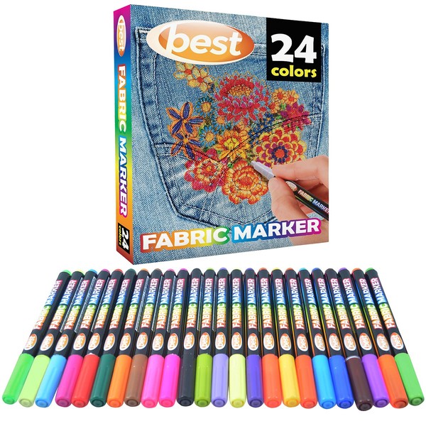 Best Marcadores de tela (paquete de 24 bolígrafos) no tóxicos, juego de 24 colores individuales, sin duplicados, punta de bala, pintura lavable a máquina, perfecto para escribir en ropa, ropa, jeans, pantalones y camisas