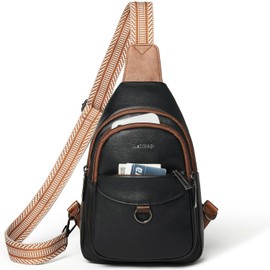 LATMAP 7L Sling Bag for Women Men Crossbody Belt Bag Small Travel Sling Backpack Anti Theft Chest Daypack Purse Faux Leather,Black with Brown