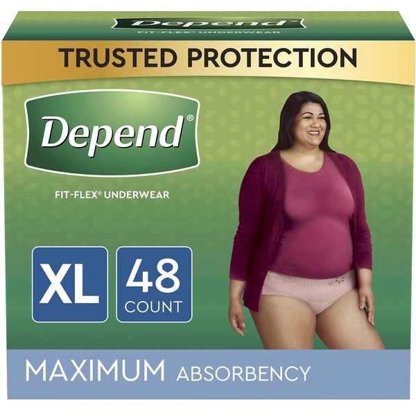Depend FIT-FLEX Incontinence Underwear For Women, Disposable, Maximum Absorbency, Extra-Large, Blush, 48 Count (2 Packs of 24) (Packaging May Vary)