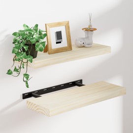 Heimlove Wood Floating Shelves for Wall,2 Packs 16 inches Natural Pine Solid Wood Bathroom Shelf Over Toilet Decor and Storage 8 inches Deep for Kitchen Bedroom Office & Living Room Wall Decor