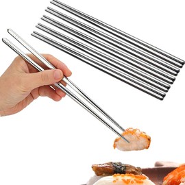 5 Pairs Metal Chopsticks Reusable, Stainless Steel Chopsticks Set, Lightweight 304 Non-Slip Metal Chop Sticks Dishwasher Safe, Japanese Korean for Cooking Chopsticks 8.9 Inch (Silver)