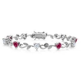 Gem Stone King 5.14 Cttw Heart Shape Red Created Ruby White Moissanite and Round White Lab Grown Diamond Greek Vine Flower Tennis Bracelet For Women | 925 Sterling Silver | 7.5 Inch