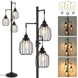 Dimmable Industrial Floor Lamp with 3 LED Edsion Bulbs, Farmhouse Tall Standing Lamp for Living Room, Rustic Black Tree Bright Vintage Pole Light with Cage Shades for Bedroom Home Decor